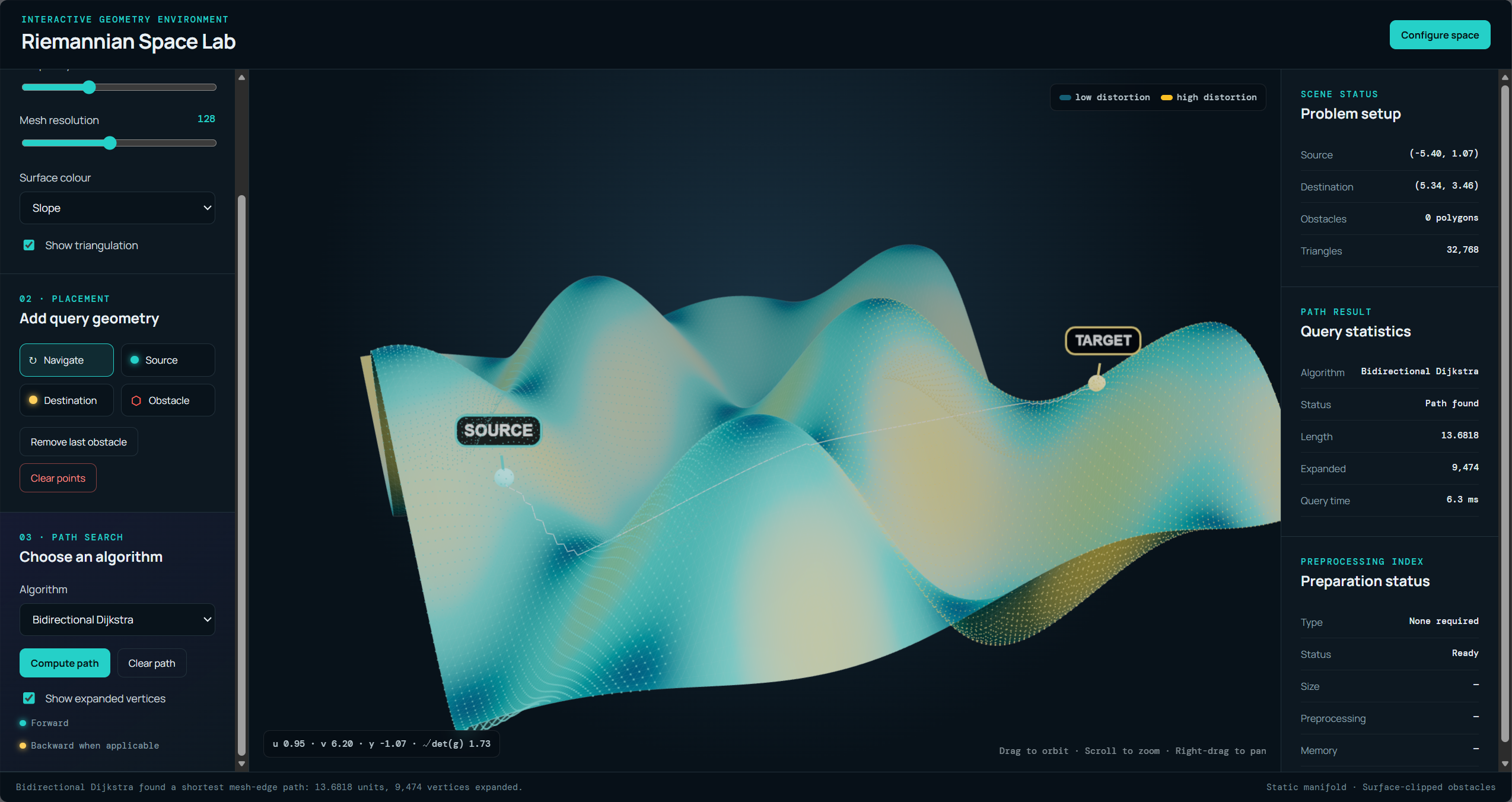 Riemannian Space Lab shortest-path simulation interface