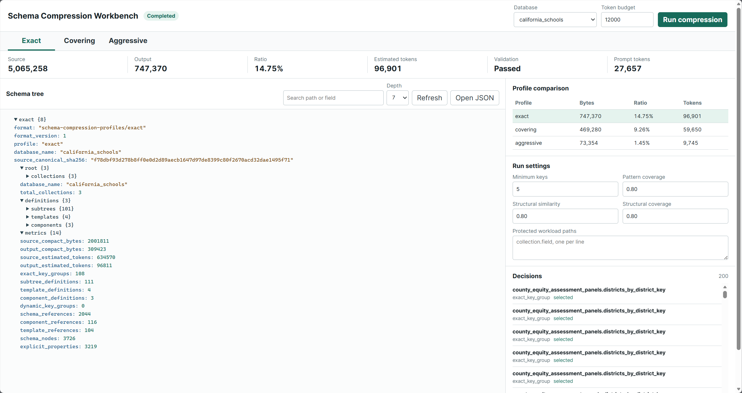 Schema Compression Workbench interface